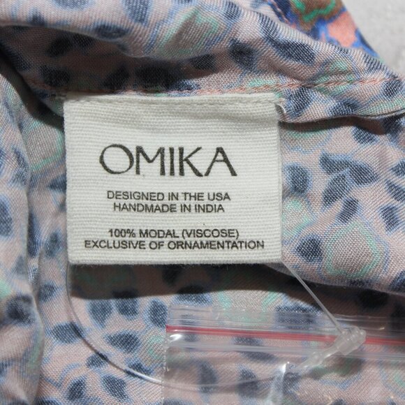 Omika Womens NWOT Printed Blouse Pink Blue Cuff Tassels Boho Peasant Size Large - Picture 5 of 9